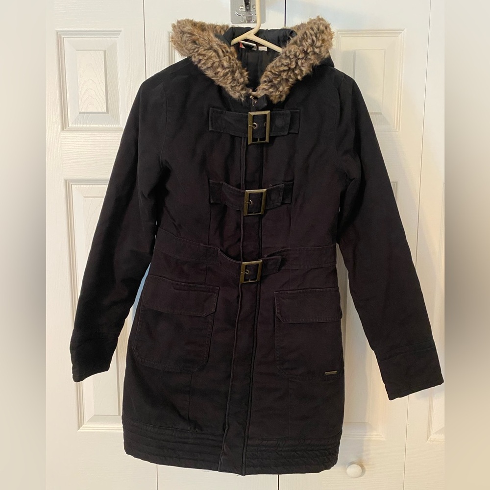 Long Roxy winter coat with buckles, faux fur hood